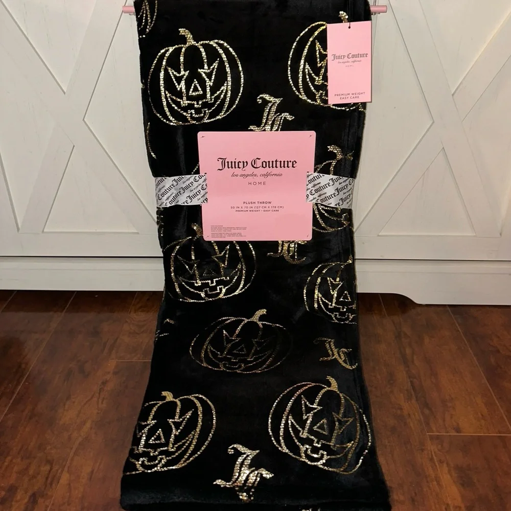 Juicy Couture Black and Gold Jack-o’-lantern Plush Throw Blanket
